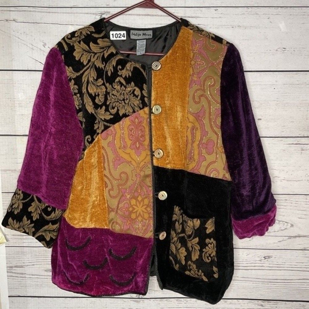 Indigo Moon Womens Purple/Black Boho Embroidered Patchwork Blazer Jacket Size L